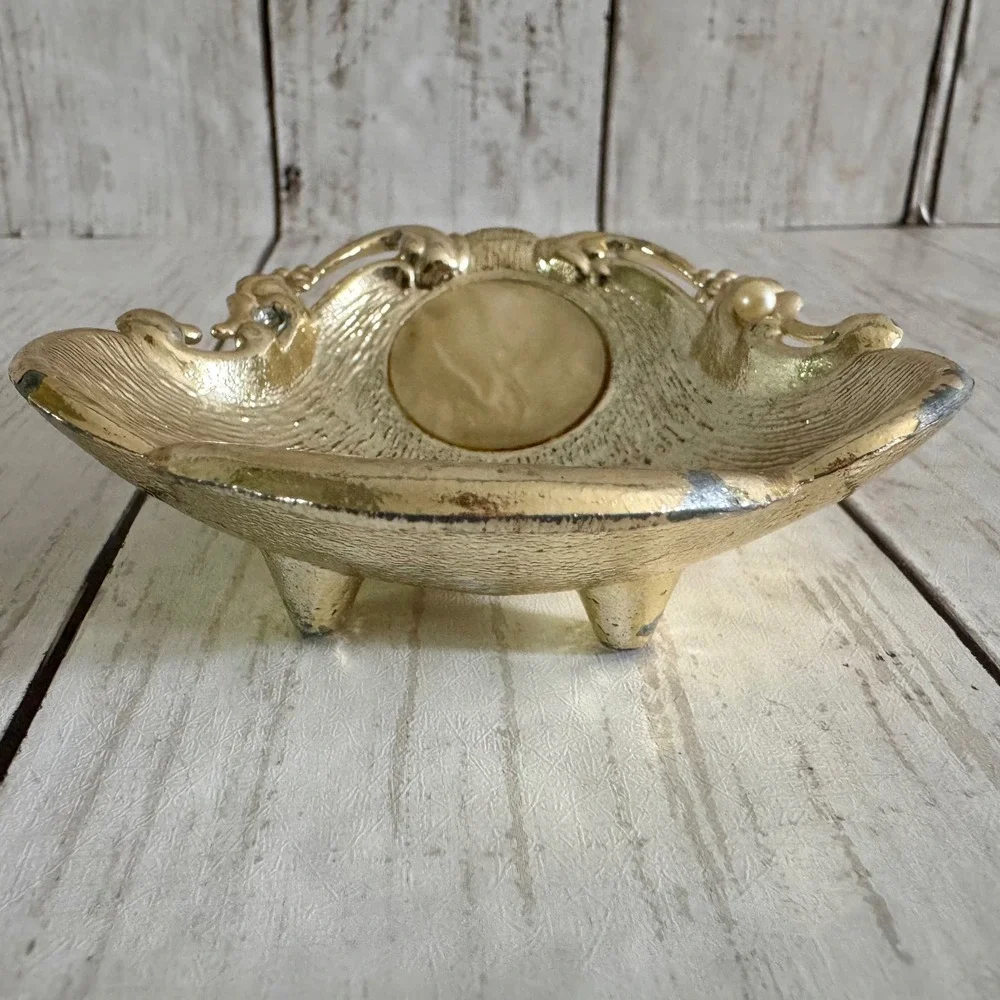 Vintage Hollywood Regency Gold Shell Trinket Dish Footed Faux Pearl Jewelry Tray